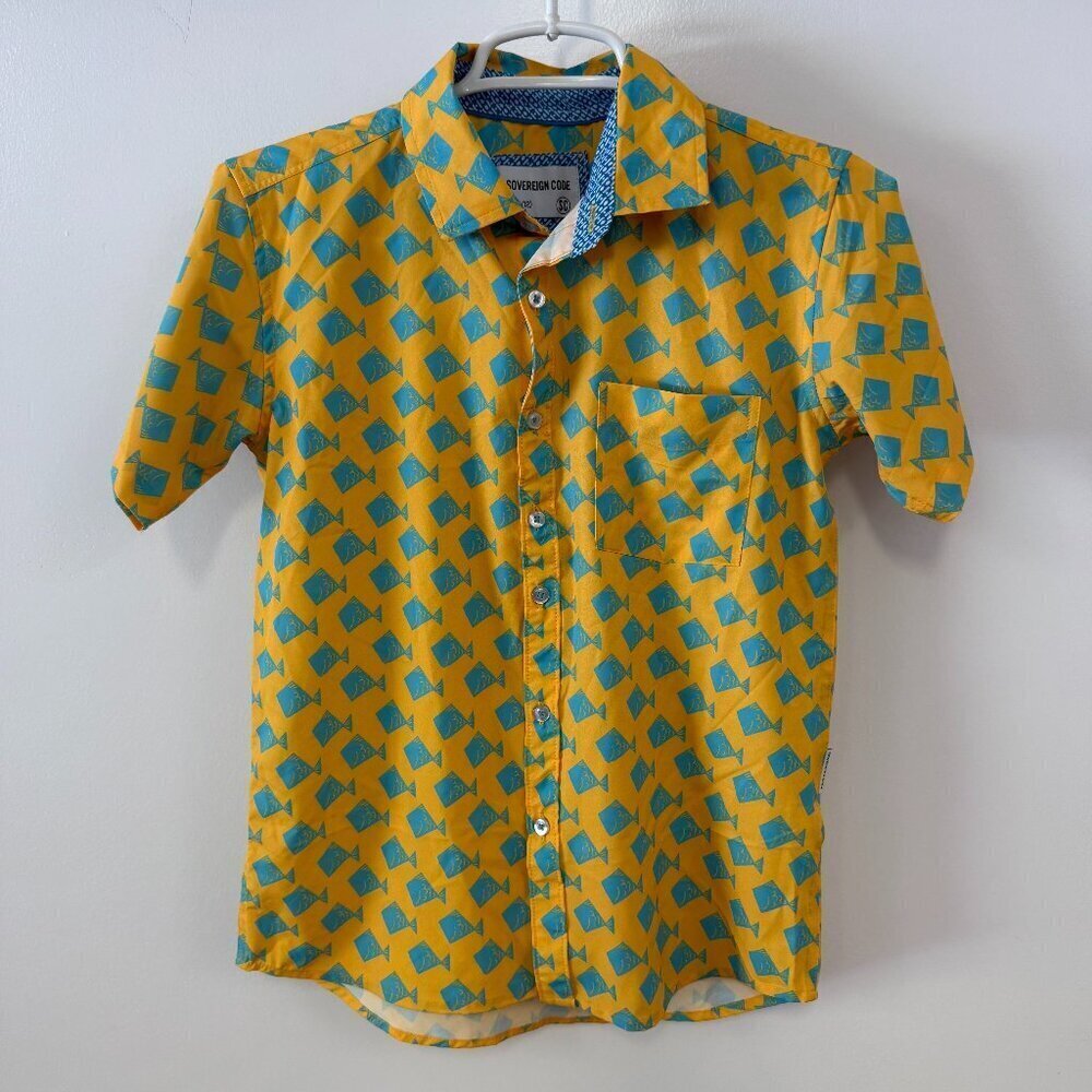 Sovereign Code Yellow & Blue Fish Pattern Short Sleeve Button Down Shirt 10/12